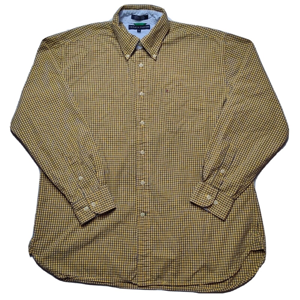 VTG Y2K TOMMY HILFIGER Men Large Yellow Blue Mini-Check Cotton Button Shirt